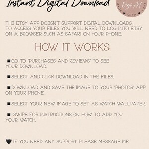 May include: A digital download instruction guide with the text "Instant Digital Download" and "How It Works:"  The guide explains how to access digital downloads on Etsy using a web browser.