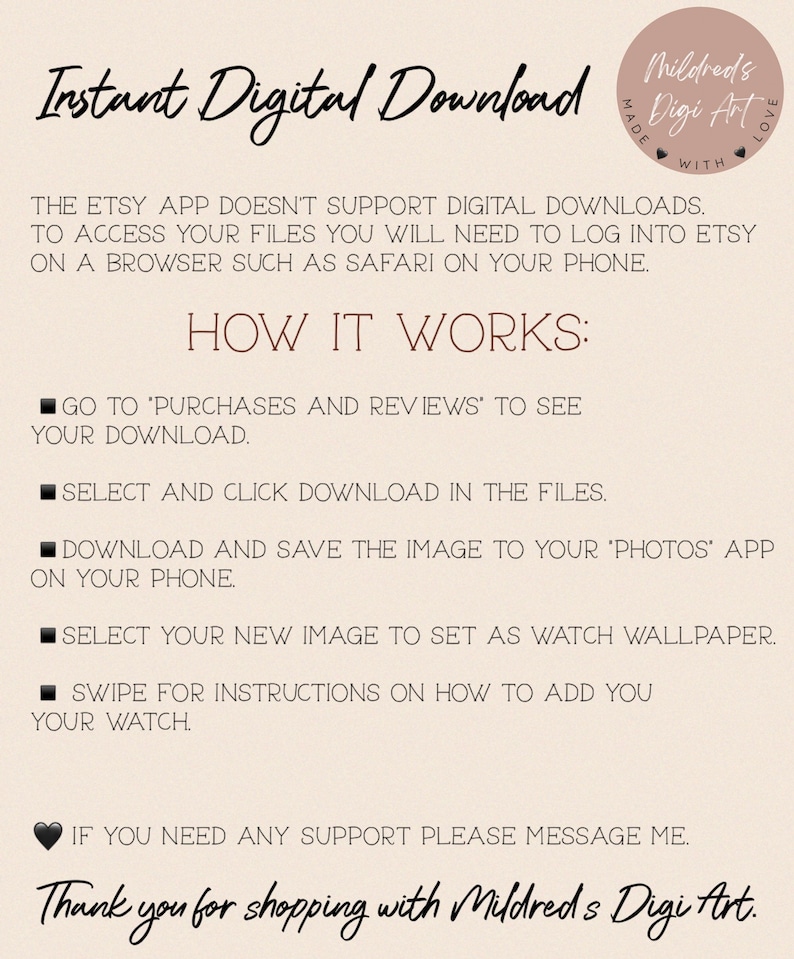 May include: A digital download instruction guide with the text "Instant Digital Download" and "How It Works:"  The guide explains how to access digital downloads on Etsy using a web browser.