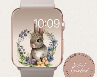 Fondo de pantalla del reloj del conejito de Pascua, fondo lindo del Apple Watch de los conejitos de Pascua, descarga digital instantánea de la cara del reloj de Pascua pastel