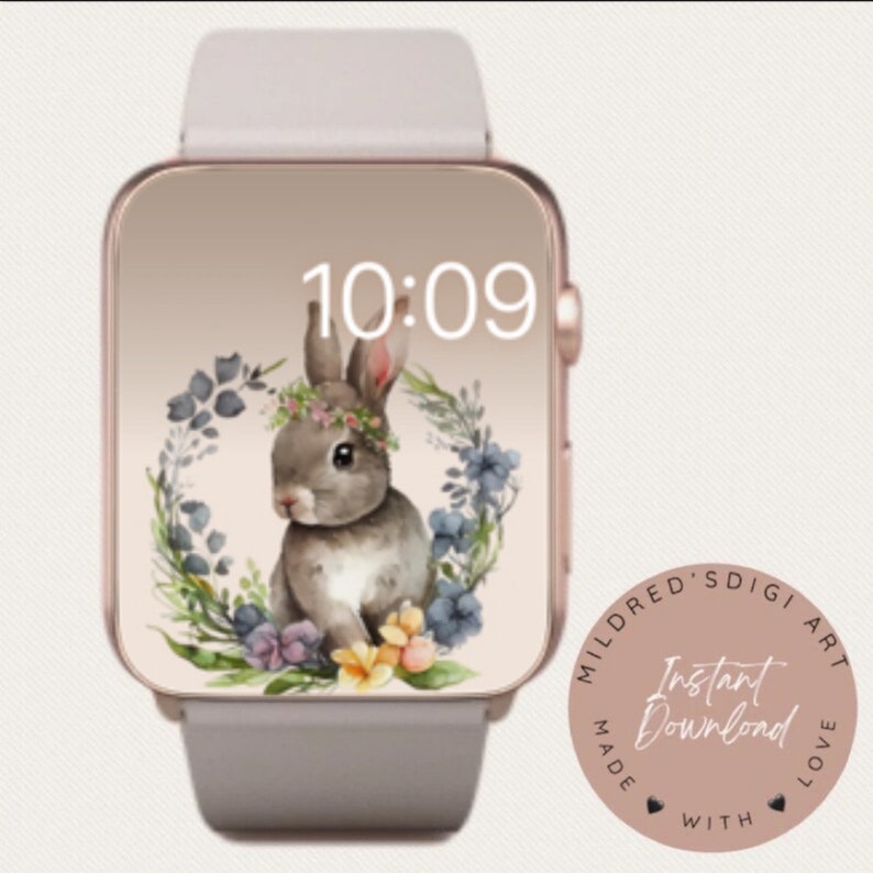 Fondo de pantalla del reloj del conejito de Pascua, fondo lindo del Apple Watch de los conejitos de Pascua, descarga digital instantánea de la cara del reloj de Pascua pastel imagen 1