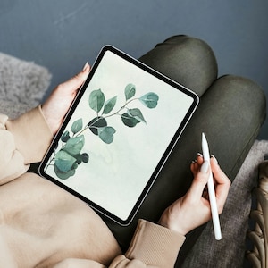 Aesthetic Ipad Wallpaper, Green Background with Floral Line art, Neutral Floral Digital Tablet Background | Instant Download