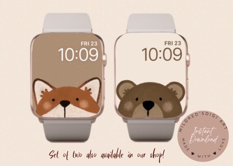 May include: Two Apple Watch faces with a brown background. The first face features a fox peeking out from the top of the screen. The second face features a bear peeking out from the top of the screen. Both faces display the time as 10:09 and the day as FRI 23.