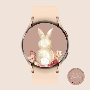Coniglietto pasquale e fiori Sfondo minimale per Samsung Galaxy Watch, Sfondo orologio, Orologio Samsung pasquale, Design quadrante orologio Samsung Galaxy