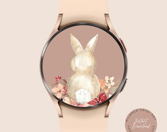 Conejito de Pascua y flores Minimal Samsung Galaxy Watch Wallpaper, Fondo del reloj, Reloj Samsung de Pascua, Diseño de la cara del reloj Samsung Galaxy