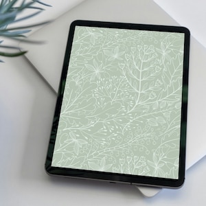 Aesthetic Ipad Wallpaper, Green Background with Floral Line art, Neutral Floral Digital Tablet Background | Instant Download