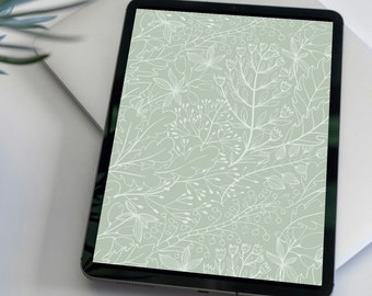 Aesthetic Ipad Wallpaper, Green Background with Floral Line art, Neutral Floral Digital Tablet Background | Instant Download