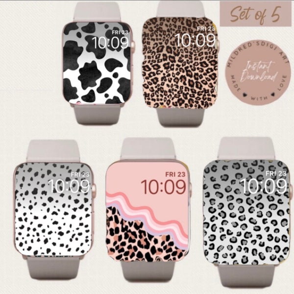 Animal Print Watch Face Bundle For Apple Watch, Set of 5 Animal Pattern Watch Wallpapers, Leopard print, Cow print, Giraffe Print, Dalmation