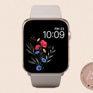 Minimal Flowers Apple Watch Wallpaper,Black Background with Dainty Flowers Apple Watch Face Design, Custom Apple Watch Wallpaper