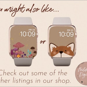 May include: Two Apple Watch faces with different designs. The first face has a brown background with a mushroom illustration. The second face has a brown background with a fox illustration. Both faces display the time as 10:09 and the day as FRI 23.
