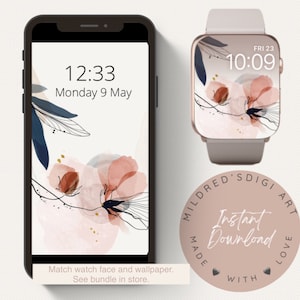 Économiseur d'écran pour iPhone et papier peint pour montre Aquarelle fleurs Papier peint Apple minimal et fond pour montre, lot de 2 accessoires Apple Watch