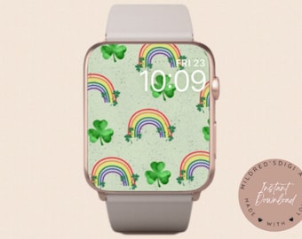 Fondo de pantalla del Apple Watch del día de San Patricio, fondo de la cara del Apple Watch del día de San Paddy mínimo, cara del reloj del trébol y el arco iris, cara del reloj irlandés