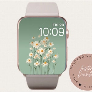 Sfondo con margherita verde per quadrante Apple Watch / Sfondo botanico minimale fatto a mano / Orologio decorativo per gli amanti delle piante con orologio digitale