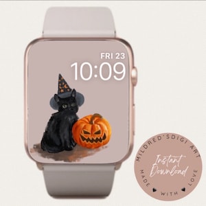 Black Cat Autumn Minimal Watch Wallpaper, Autumn Halloween Watch Background , Cat Watch Accessories, Fall Watch Face Design for Apple Watch