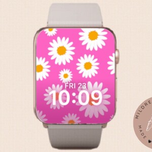 Sfondo di Apple Watch con fiori di margherite, sfondo di margherite su orologio rosa, schermata di blocco floreale per Apple Watch, quadrante di fiori primaverili