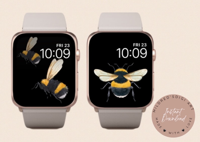 Peut inclure: Deux cadrans d'Apple Watch avec un fond noir et une horloge num&eacute;rique blanche affichant "FRI 23 10:09". Les cadrans de montre pr&eacute;sentent une illustration aquarelle d'un bourdon.