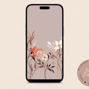 May include: A digital phone wallpaper featuring a watercolour illustration of delicate flowers in shades of brown, orange, and white on a light grey background.