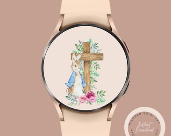 Conejito de Pascua y flores Minimal Samsung Galaxy Watch Wallpaper, Fondo del reloj, Reloj Samsung de Pascua, Diseño de la cara del reloj Samsung Galaxy