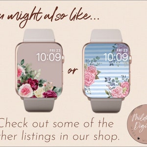 May include: Two Apple Watch faces with floral designs. The first face has a pink and white floral design on a light brown background. The second face has a blue and white striped background with pink and white flowers. Both faces display the time as 10:09 and the day as Friday 23.