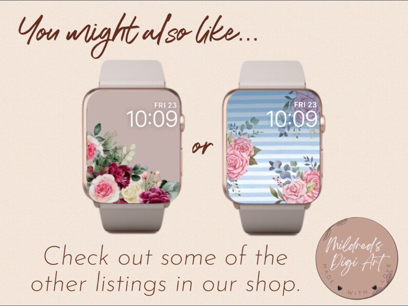 May include: Two Apple Watch faces with floral designs. The first face has a pink and white floral design on a light brown background. The second face has a blue and white striped background with pink and white flowers. Both faces display the time as 10:09 and the day as Friday 23.