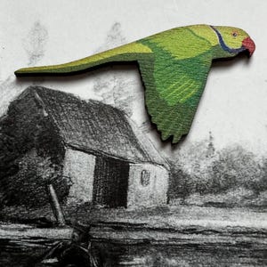 May include: A wooden parrot in flight, painted in shades of green, yellow, red, and blue. The bird is set against a black and white sketch of a rural scene with a house and a body of water.