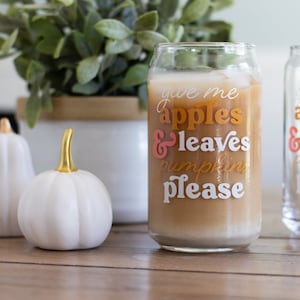 Autumn Can Glass Fall Themed Iced Coffee Glass Pumpkin Spice Can Glass 16oz Fall Themed Glass Fall Cocktail Glass image 1
