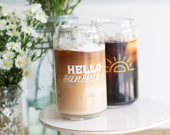 Hello Sunshine Can Glass | Sunshine Iced Coffee Glass | Beer Can Glass | 16oz Sunshine Glass | Glass Iced Coffee Cup | Summer Glassware