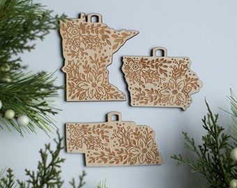 Holiday Greenery State Ornament: Engraved Baltic Birch Wood