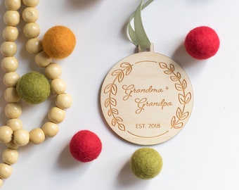 Personalized Grandparent Christmas Ornament | Engraved Wood Wreath