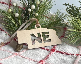 Nebraska Ornament: Wooden State Silhouette, 'NE' Initials