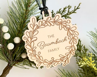 Custom Engraved Wreath Ornament | Baltic Birch, Family Name