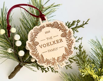 Custom Pinecone Wreath Ornament | Engraved Baltic Birch Wood