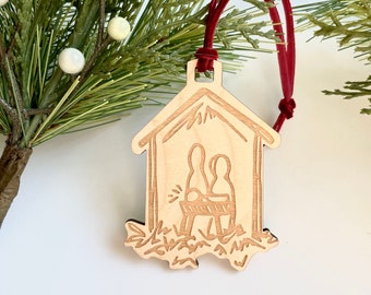 Nativity Ornament: Engraved Baltic Birch Christmas Manger