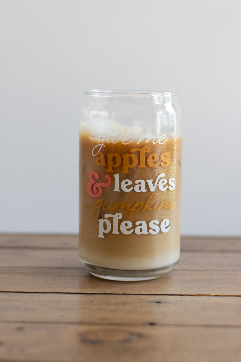 Autumn Can Glass Fall Themed Iced Coffee Glass Pumpkin Spice Can Glass 16oz Fall Themed Glass Fall Cocktail Glass image 4