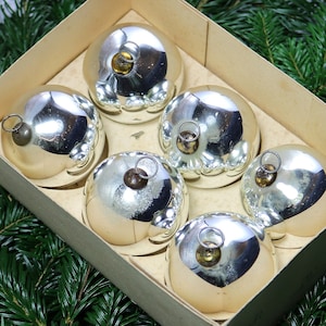 6x Antique BIEDERMEIER GLASS KUGEL en argent - Boules d’ornements d’arbre de Noël en verre lourd allemand