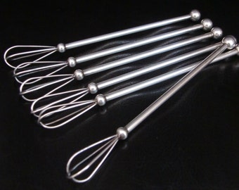 6x CHAMPAGNE WHISKS - Cocktail Swizzle Sticks, Silver-Plated - Bar Cart Accessory