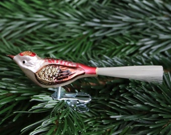 1x Lauscha Clip-on Glass Bird Christmas Ornament: German Robin with Fiberglass Tail