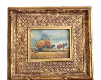 Miniature Oil Painting - Hay Harvest - Horses Summer Farmer - Signed, Ornate Gilt Gold Frame