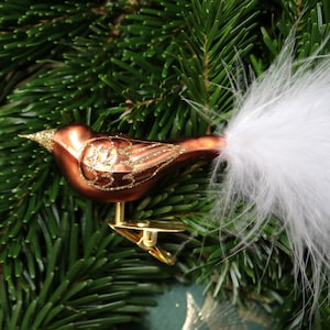 1x Glass Christmas Ornament: Rust Brown Clip-On Bird with Ostrich Feather Tail