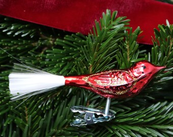 1x LAUSCHA Clip On Bird - Red with Fiberglass tail - German Glass Christmas Tree Decor