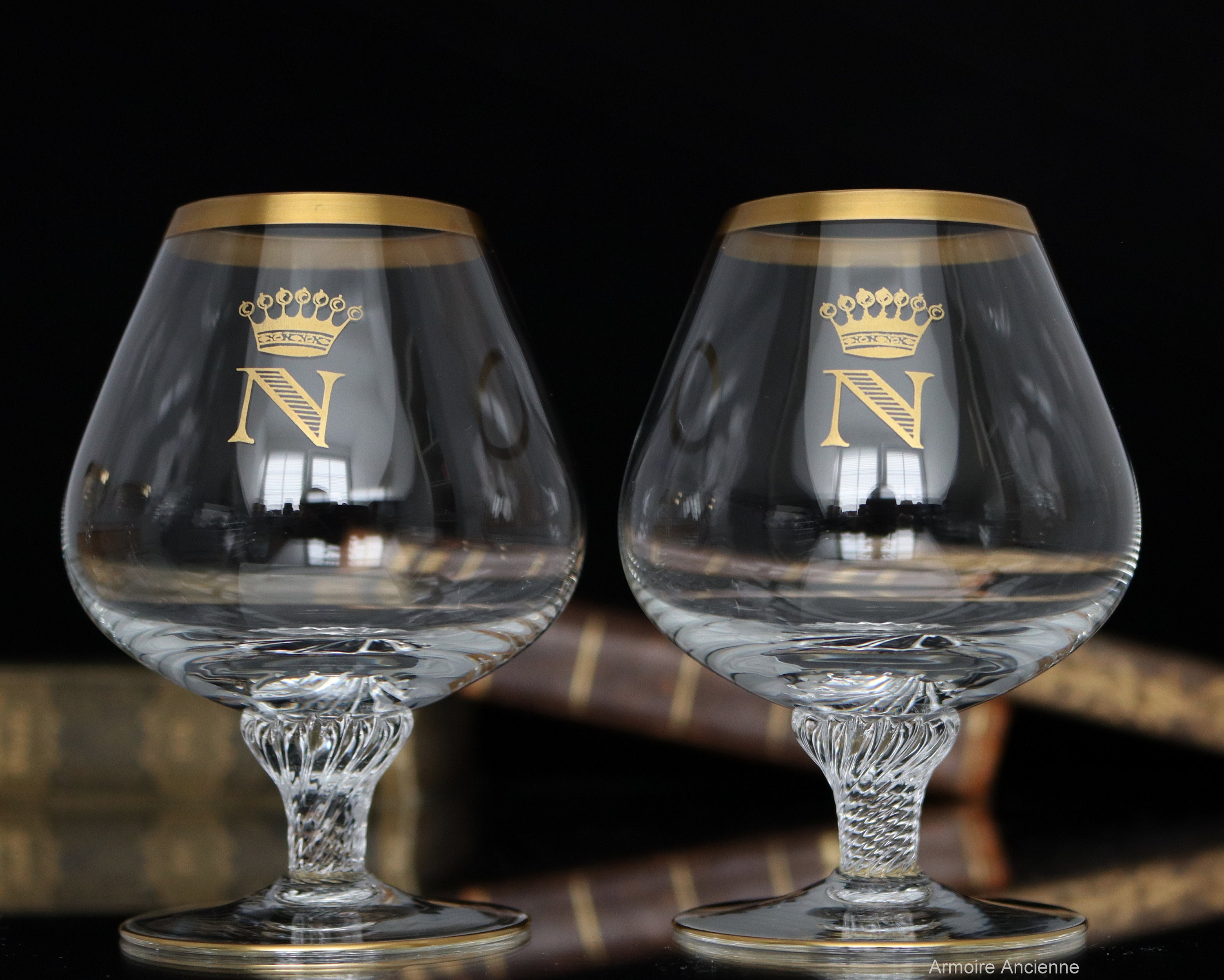 Set of 2 Hand Made Vintage Crystal Glasses, Brandy & Cognac Snifter with  24K Gold Rim, Old-Fashioned Glassware, 7 fluid ounces
