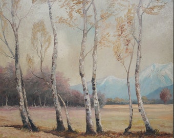 Ölgemälde - Herbst Berglandschaft Birkenbäume - Signiert, Holzrahmen