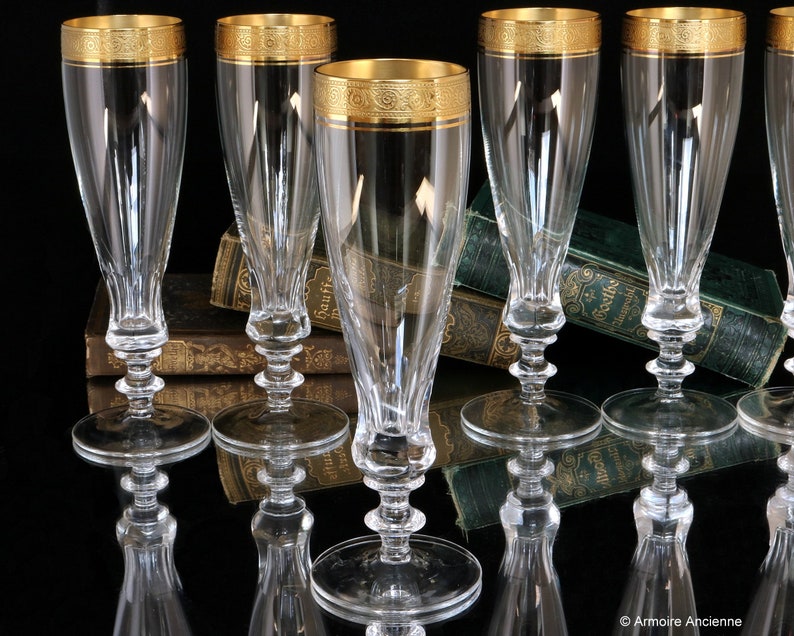 2x Crystal CHAMPAGNE FLUTES - Glasses with 24K Gold Minton Rim,