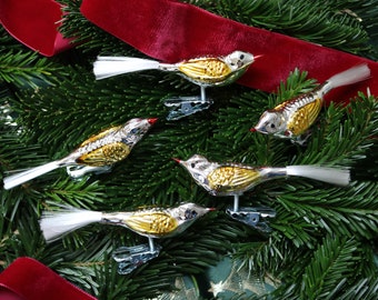 1x LAUSCHA Clip On Bird in Silver with Golden Wing & Fiberglass tail - German Glass Christmas Tree Decor