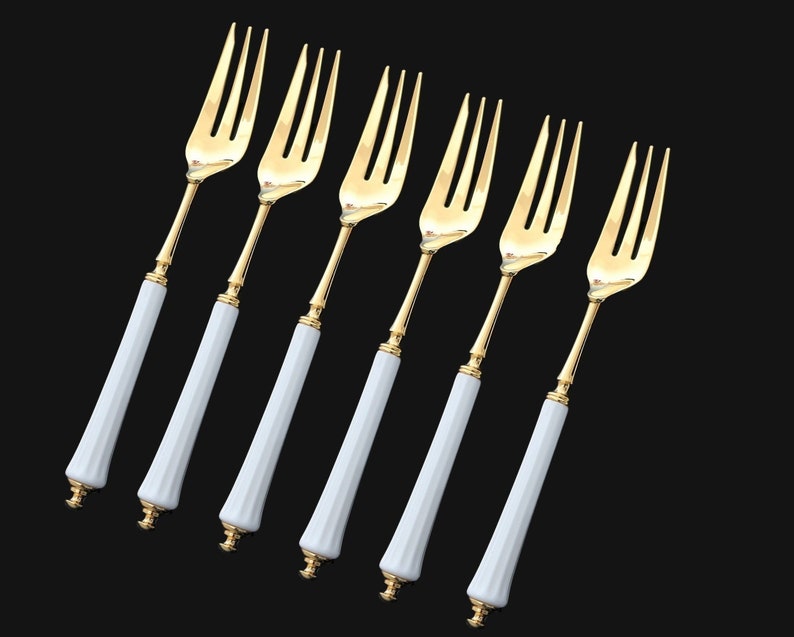 6x HANSEAT Cake Forks 24K GoldPlated with Porcelain Handles Etsy