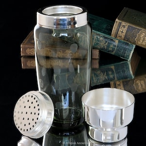 Small Crystal COCKTAIL SHAKER, Smoked Glass, Silver Plated Mounting