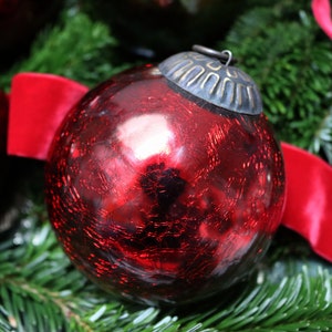 Vintage Red Glass Kugel Christmas Ornament - Cracked Optics, German Made