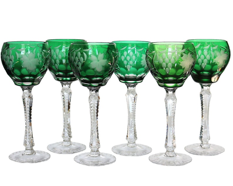 6x Crystal WINE Glasses With Green Overlay ANNAHÜTTE Etsy