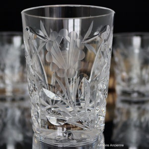 4x Crystal WHISKEY Glasses, Cut Floral Pattern - Low Ball Tumblers