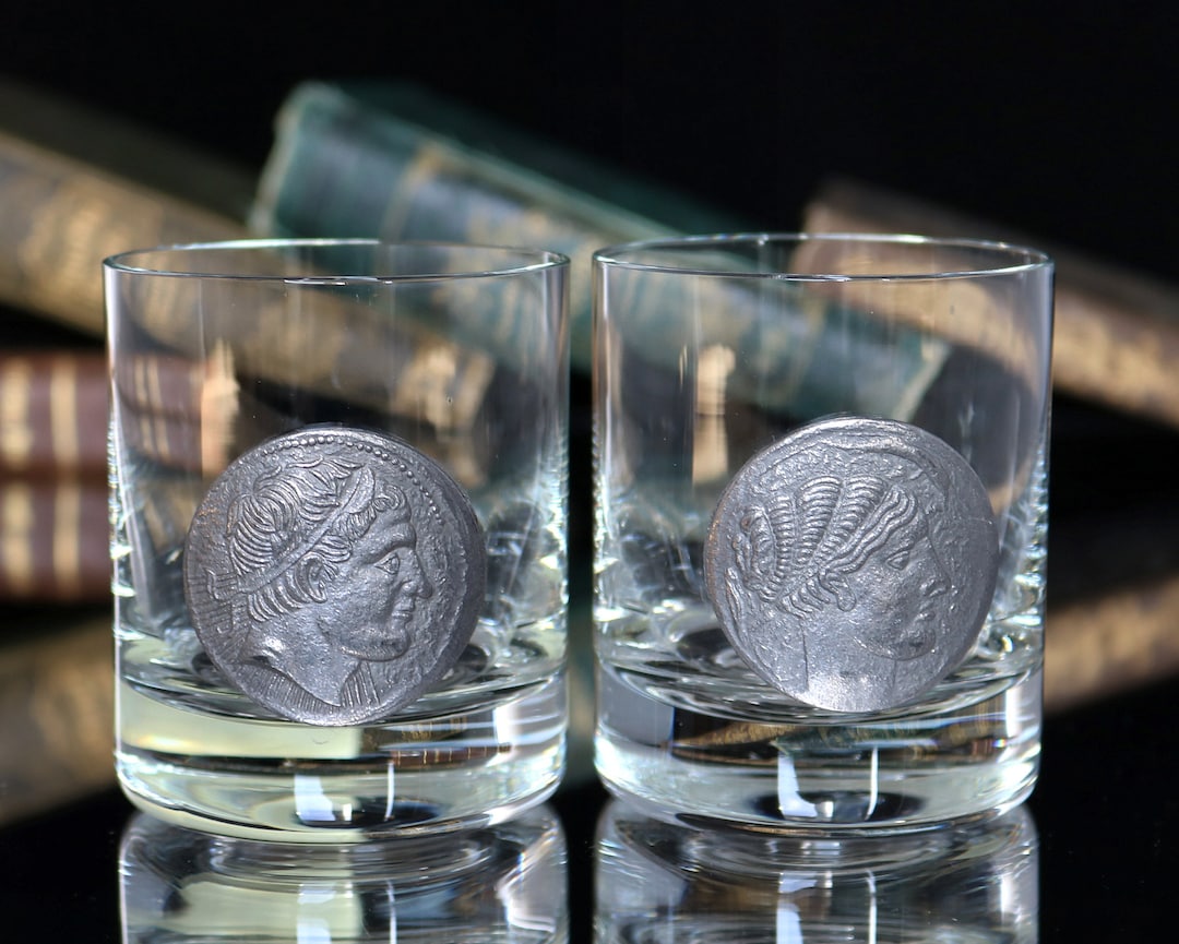 2x WHISKEY GLASSES With Pewter Coins Decor Low Ball Tumblers - Etsy