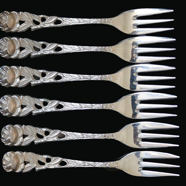 6x Silver Plated Dessert Forks, Rose of Hildesheim Decor by JUSTINUS